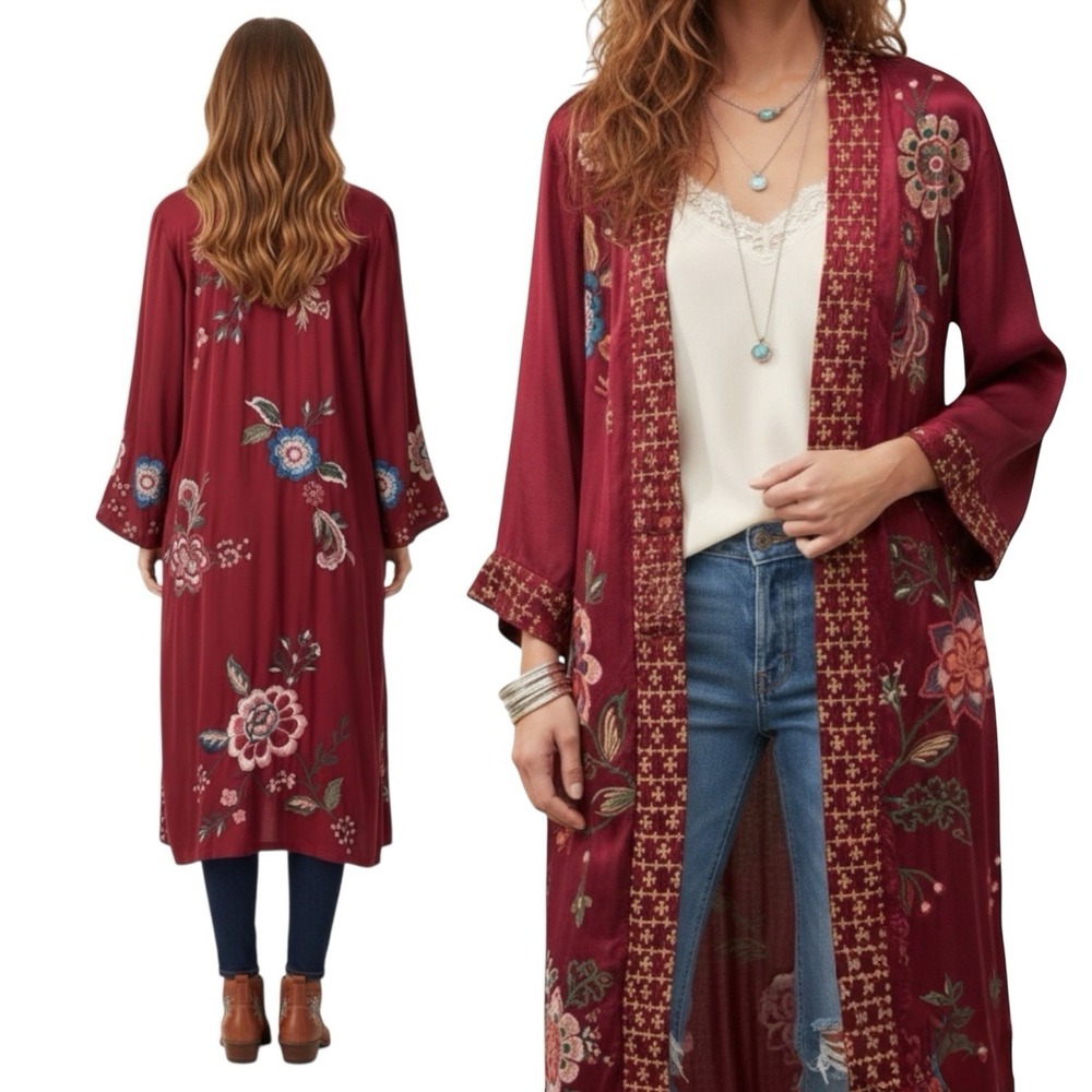 JOHNNY WAS Long Floral Embroidered Kimono Small NWT‎ Coachella Boho Chic
